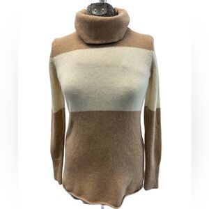 Athleta Stripe Cashmere Turtleneck Sweater in camel/dove.